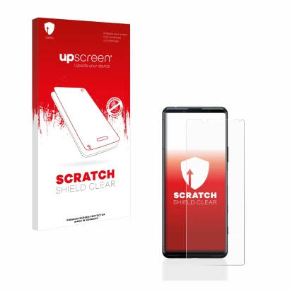 Parte frontale di una confezione del prodotto con il logo del marchio upscreen. Accanto è raffigurato il dispositivo Sony Xper