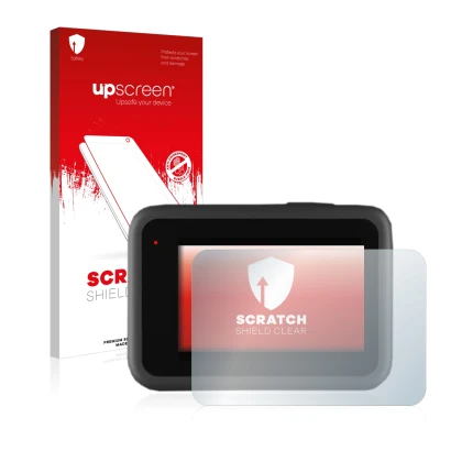 Parte frontale di una confezione del prodotto con il logo del marchio upscreen. Accanto è raffigurato il dispositivo GoPro Her