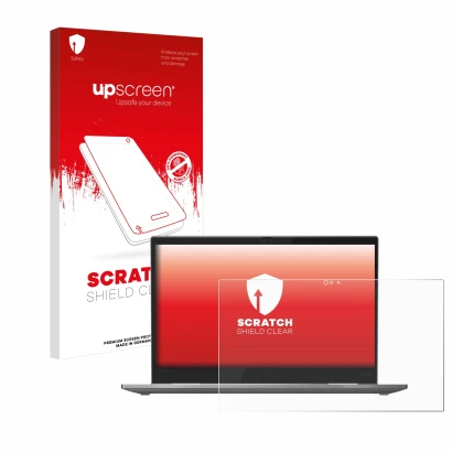 Parte frontale di una confezione del prodotto con il logo del marchio upscreen. Accanto è raffigurato il dispositivo Lenovo Th