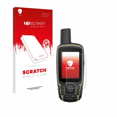 Parte frontale di una confezione del prodotto con il logo del marchio upscreen. Accanto è raffigurato il dispositivo Garmin GP