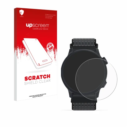 Parte frontale di una confezione del prodotto con il logo del marchio upscreen. Accanto è raffigurato il dispositivo Coros Pac