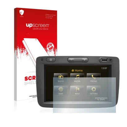 Parte frontale di una confezione del prodotto con il logo del marchio upscreen. Accanto è raffigurato il dispositivo Dacia Dus