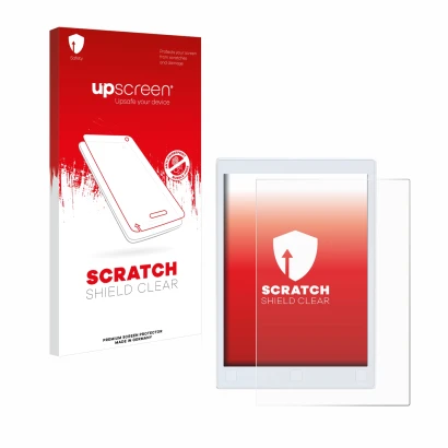 Parte frontale di una confezione del prodotto con il logo del marchio upscreen. Accanto è raffigurato il dispositivo reMarkabl