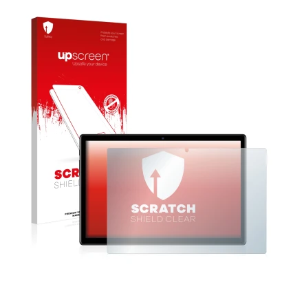 Parte frontale di una confezione del prodotto con il logo del marchio upscreen. Accanto è raffigurato il dispositivo Teclast M