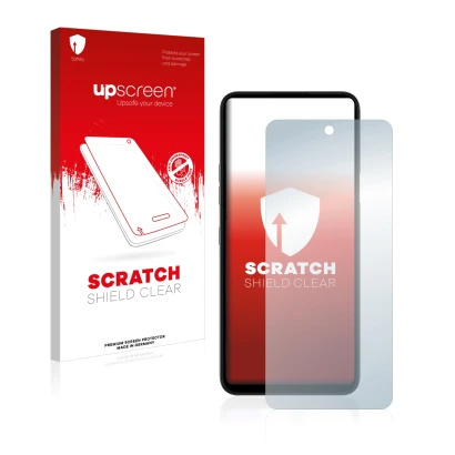 Parte frontale di una confezione del prodotto con il logo del marchio upscreen. Accanto è raffigurato il dispositivo LG K42 co