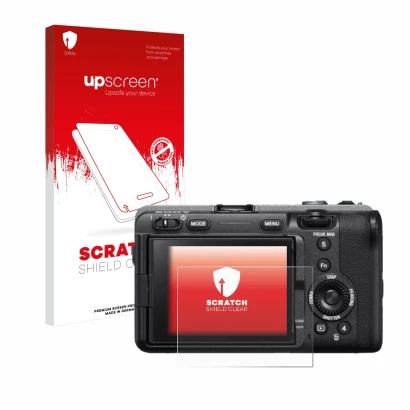 Parte frontale di una confezione del prodotto con il logo del marchio upscreen. Accanto è raffigurato il dispositivo Sony FX3