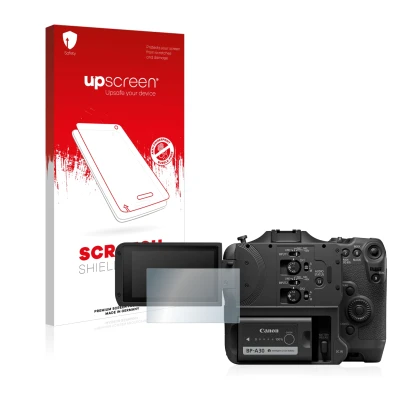 Parte frontale di una confezione del prodotto con il logo del marchio upscreen. Accanto è raffigurato il dispositivo Canon EOS