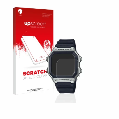 Parte frontale di una confezione del prodotto con il logo del marchio upscreen. Accanto è raffigurato il dispositivo Casio AE-