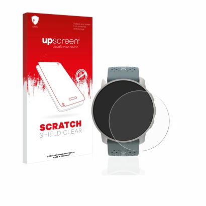 Parte frontale di una confezione del prodotto con il logo del marchio upscreen. Accanto è raffigurato il dispositivo Suunto 9