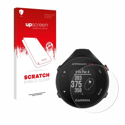Parte frontale di una confezione del prodotto con il logo del marchio upscreen. Accanto è raffigurato il dispositivo Garmin Ap
