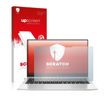 Parte frontale di una confezione del prodotto con il logo del marchio upscreen. Accanto è raffigurato il dispositivo HP Eliteb
