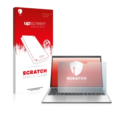 Parte frontale di una confezione del prodotto con il logo del marchio upscreen. Accanto è raffigurato il dispositivo HP Elite 