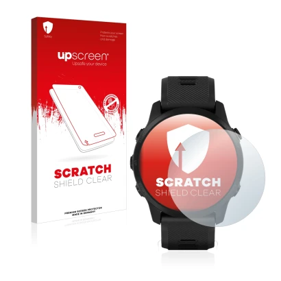 Parte frontale di una confezione del prodotto con il logo del marchio upscreen. Accanto è raffigurato il dispositivo Garmin Fo