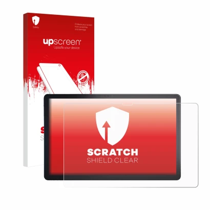 Parte frontale di una confezione del prodotto con il logo del marchio upscreen. Accanto è raffigurato il dispositivo Lenovo Ta