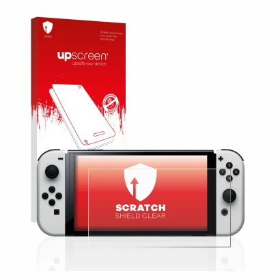 Parte frontale di una confezione del prodotto con il logo del marchio upscreen. Accanto è raffigurato il dispositivo Nintendo 