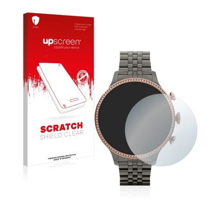 Parte frontale di una confezione del prodotto con il logo del marchio upscreen. Accanto è raffigurato il dispositivo Fossil Ge