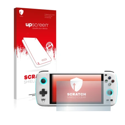 Parte frontale di una confezione del prodotto con il logo del marchio upscreen. Accanto è raffigurato il dispositivo AYN Odin
