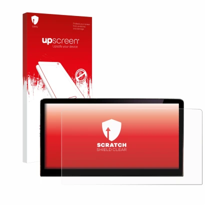 Parte frontale di una confezione del prodotto con il logo del marchio upscreen. Accanto è raffigurato il dispositivo Skoda Eny