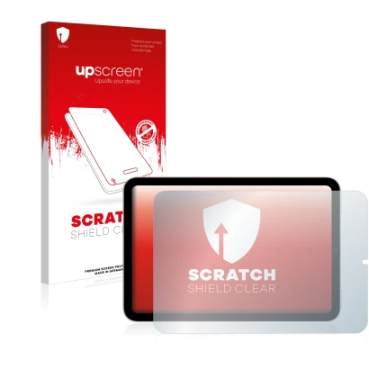 Parte frontale di una confezione del prodotto con il logo del marchio upscreen. Accanto è raffigurato il dispositivo Apple iPa