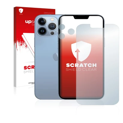 Parte frontale di una confezione del prodotto con il logo del marchio upscreen. Accanto è raffigurato il dispositivo Apple iPh