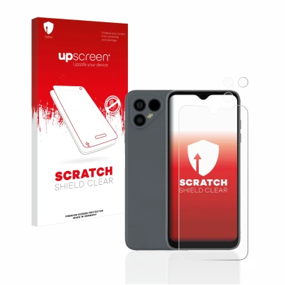 Parte frontale di una confezione del prodotto con il logo del marchio upscreen. Accanto è raffigurato il dispositivo Fairphone