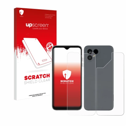 Parte frontale di una confezione del prodotto con il logo del marchio upscreen. Accanto è raffigurato il dispositivo Fairphone