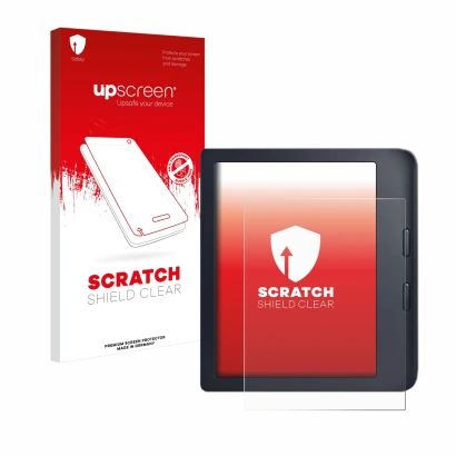 Parte frontale di una confezione del prodotto con il logo del marchio upscreen. Accanto è raffigurato il dispositivo Kobo Libr