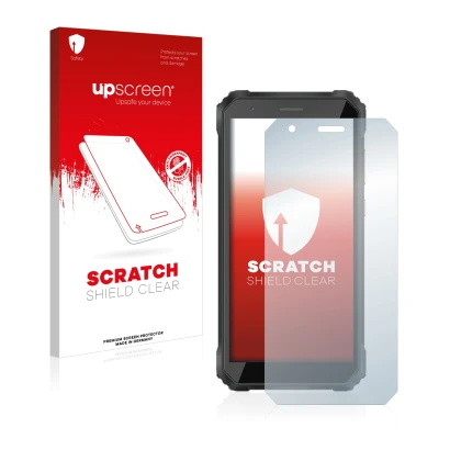 Parte frontale di una confezione del prodotto con il logo del marchio upscreen. Accanto è raffigurato il dispositivo Blackview