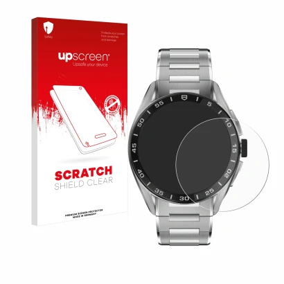 Parte frontale di una confezione del prodotto con il logo del marchio upscreen. Accanto è raffigurato il dispositivo TAG Heuer