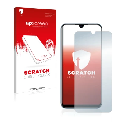 Parte frontale di una confezione del prodotto con il logo del marchio upscreen. Accanto è raffigurato il dispositivo Vivo V20