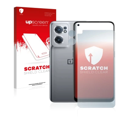 Parte frontale di una confezione del prodotto con il logo del marchio upscreen. Accanto è raffigurato il dispositivo OnePlus N