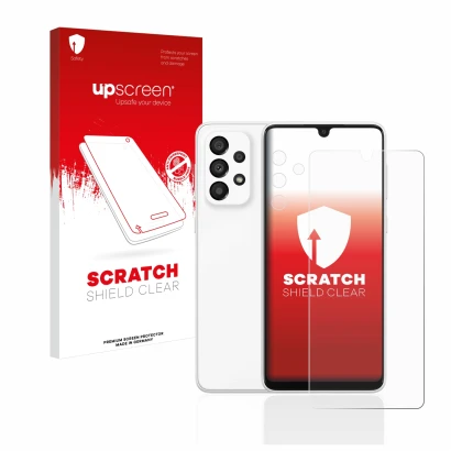 Parte frontale di una confezione del prodotto con il logo del marchio upscreen. Accanto è raffigurato il dispositivo Samsung G