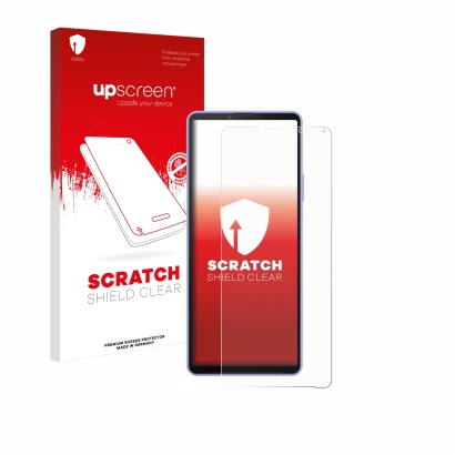 Parte frontale di una confezione del prodotto con il logo del marchio upscreen. Accanto è raffigurato il dispositivo Sony Xper