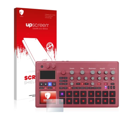 Parte frontale di una confezione del prodotto con il logo del marchio upscreen. Accanto è raffigurato il dispositivo KORG elec