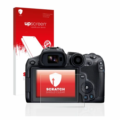 Parte frontale di una confezione del prodotto con il logo del marchio upscreen. Accanto è raffigurato il dispositivo Canon EOS