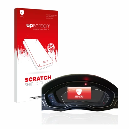 Parte frontale di una confezione del prodotto con il logo del marchio upscreen. Accanto è raffigurato il dispositivo Audi A4 B