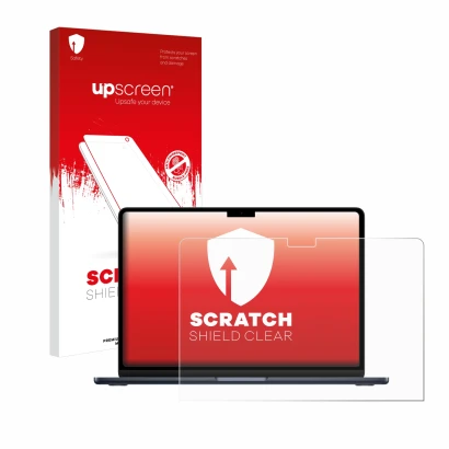 Parte frontale di una confezione del prodotto con il logo del marchio upscreen. Accanto è raffigurato il dispositivo Apple Mac