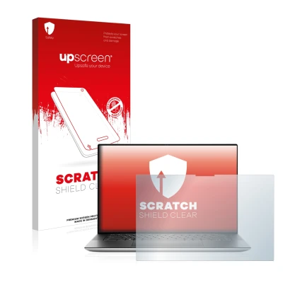 Parte frontale di una confezione del prodotto con il logo del marchio upscreen. Accanto è raffigurato il dispositivo Dell XPS 