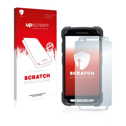 Parte frontale di una confezione del prodotto con il logo del marchio upscreen. Accanto è raffigurato il dispositivo Janam XT3