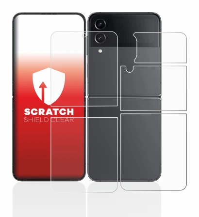 Immagine del dispositivo Samsung Galaxy Z Flip 4 (Fronte+Retro) con un'ampia varietà di protezioni per lo schermo.