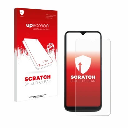 Parte frontale di una confezione del prodotto con il logo del marchio upscreen. Accanto è raffigurato il dispositivo Doro 8100