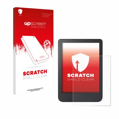 Parte frontale di una confezione del prodotto con il logo del marchio upscreen. Accanto è raffigurato il dispositivo Kobo Clar