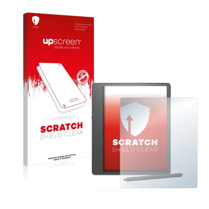 Parte frontale di una confezione del prodotto con il logo del marchio upscreen. Accanto è raffigurato il dispositivo Amazon Ki