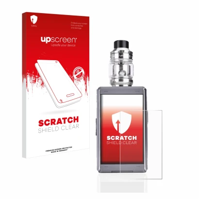 Parte frontale di una confezione del prodotto con il logo del marchio upscreen. Accanto è raffigurato il dispositivo GeekVape