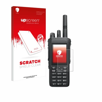 Parte frontale di una confezione del prodotto con il logo del marchio upscreen. Accanto è raffigurato il dispositivo Motorola