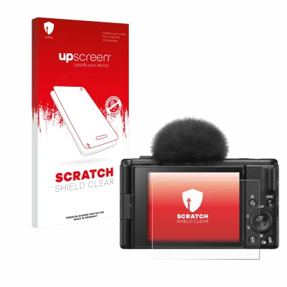 Parte frontale di una confezione del prodotto con il logo del marchio upscreen. Accanto è raffigurato il dispositivo Sony ZV-1