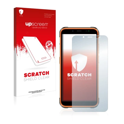 Parte frontale di una confezione del prodotto con il logo del marchio upscreen. Accanto è raffigurato il dispositivo Ulefone P