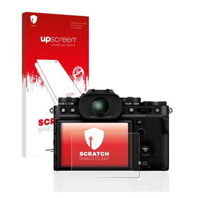 Parte frontale di una confezione del prodotto con il logo del marchio upscreen. Accanto è raffigurato il dispositivo Fujifilm