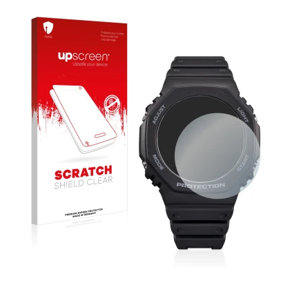 Parte frontale di una confezione del prodotto con il logo del marchio upscreen. Accanto è raffigurato il dispositivo Casio G-S