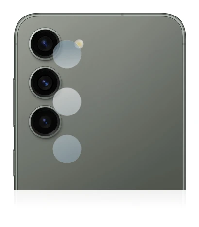 Immagine del dispositivo Samsung Galaxy S23 (SOLO Fotocamera) con un'ampia varietà di protezioni per lo schermo.